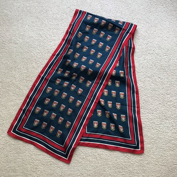 NWOT 100% Silk Navy Crest Print Rectangular Scarf with Red Border - Picture 4 of 5